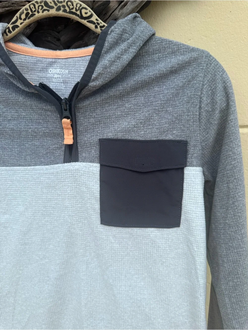 OshKosh B'gosh Gray Two-Tone Hooded Pullover with Navy Chest Pocket